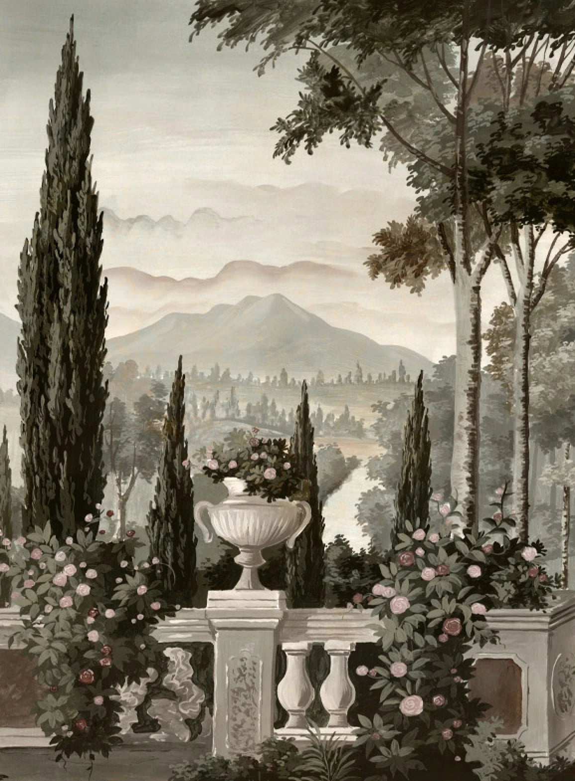 Ananbô Les jardins de Livia — Pink aged grisaille Wall Mural