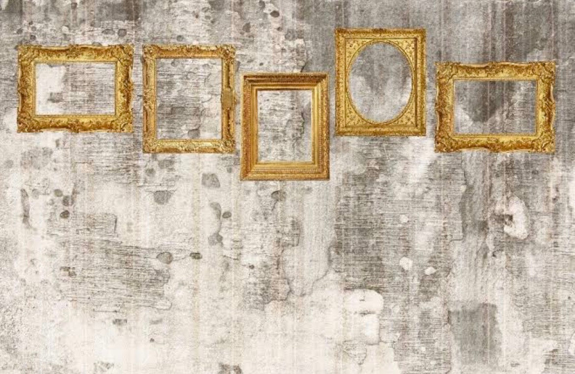 Five ornate antique gold frames on a distressed gray and cream mural background