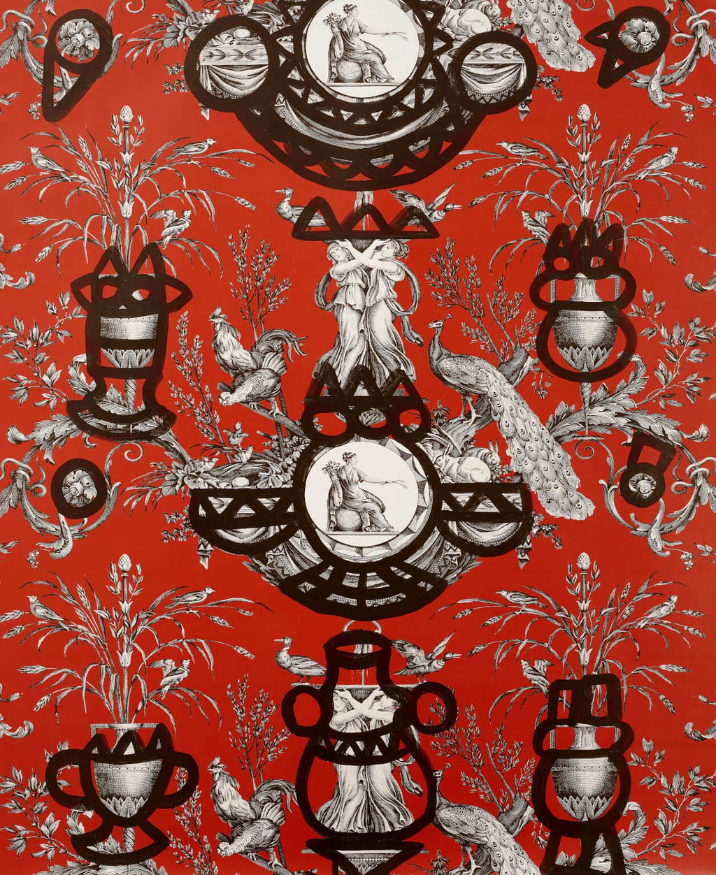 Fontaine et animaux barbouillage wallpaper in Rouge d'orient