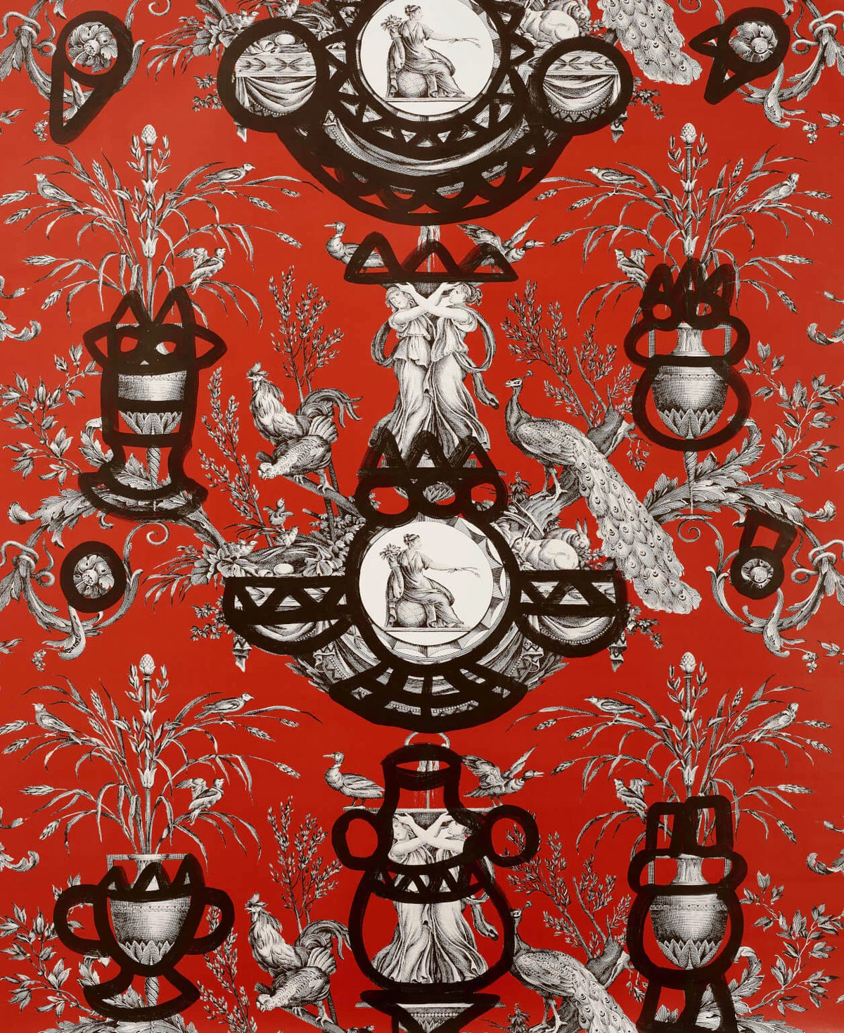Fontaine et animaux barbouillage wallpaper in Rouge d'orient