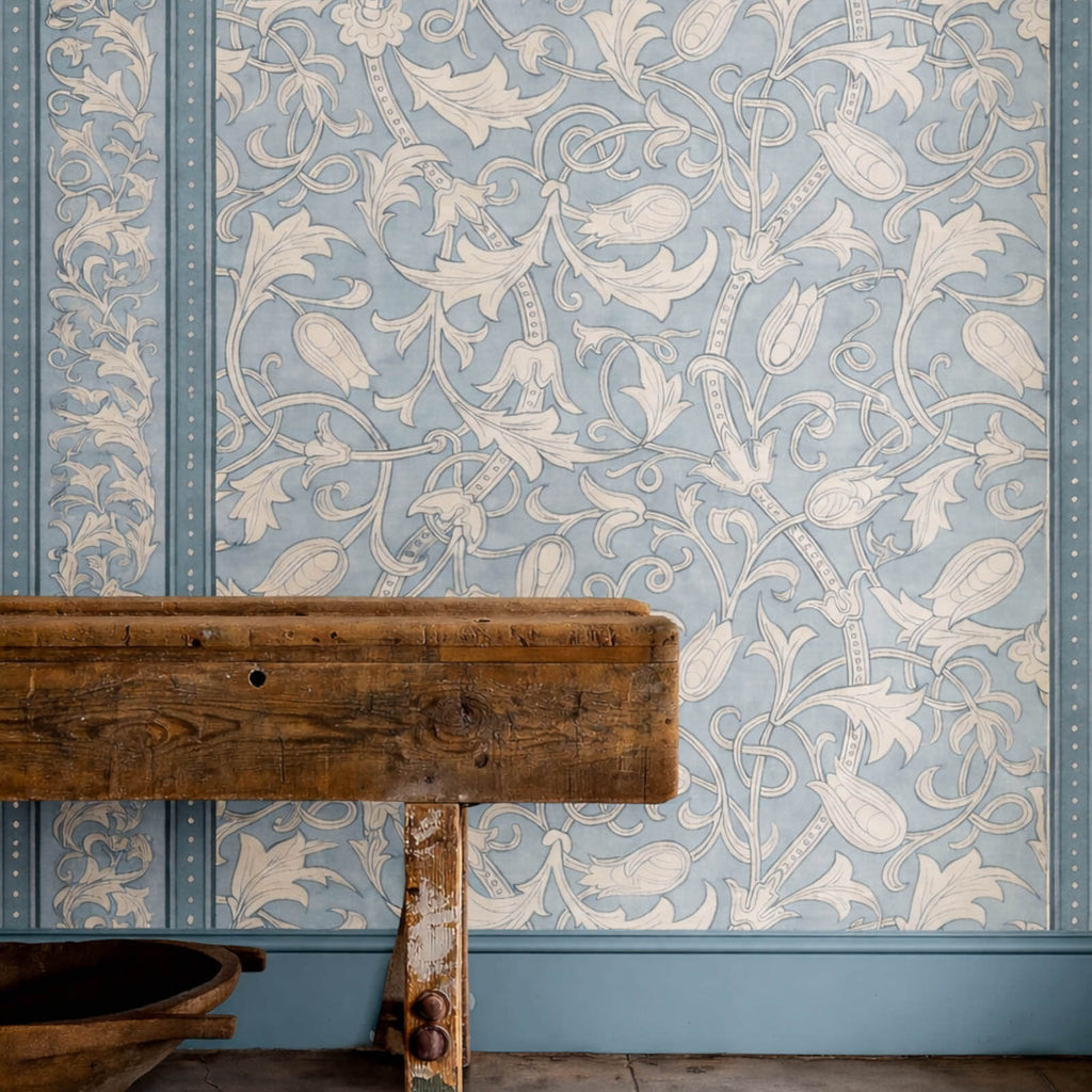 Etched Scrolling Tulip in Faded Indigo by Morris & Co.