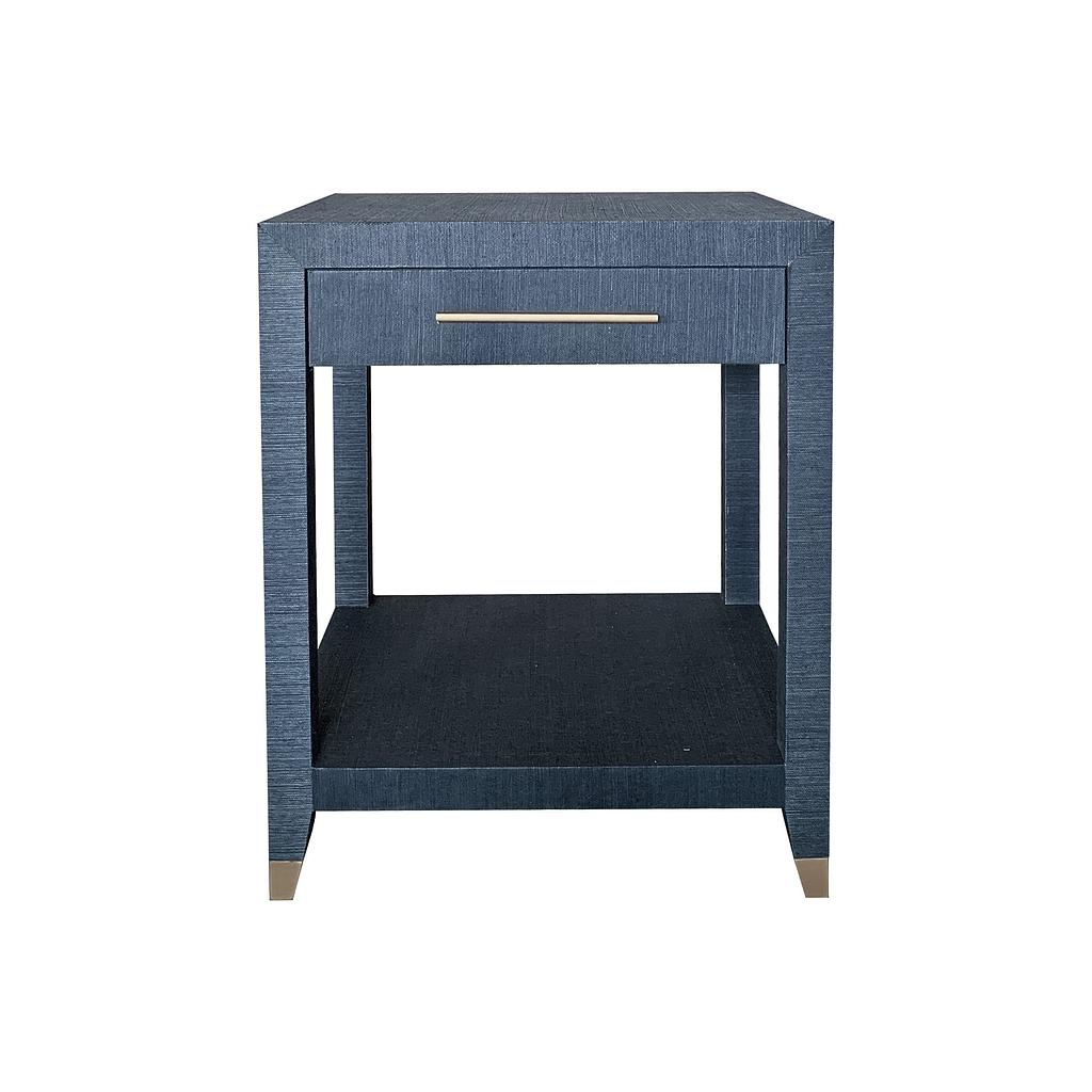 hand-wrapped blue grasscloth side table