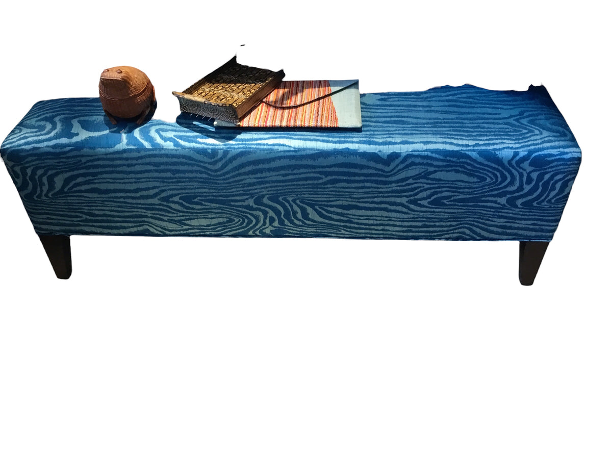 blue wood grain fabric upholstered bench
