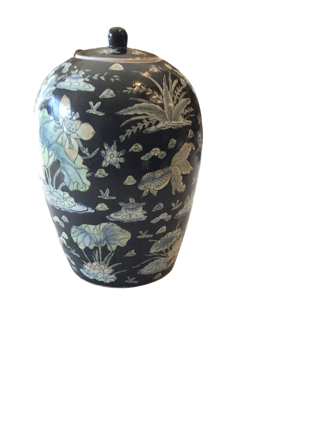 black ginger jar w/ lid ducks