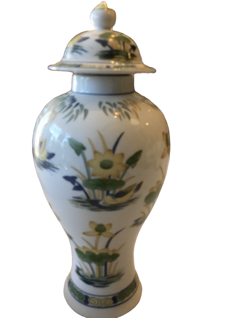 Vase With Flowers & Ducks - Green Yellow & Blue