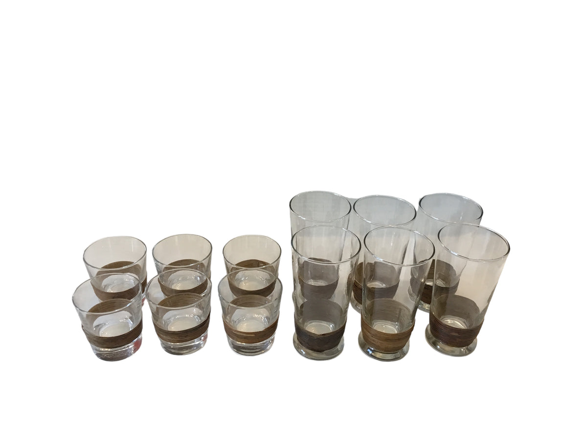12 mid century rattan wrapped glasses