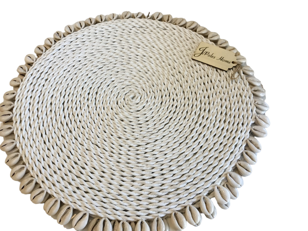 white round woven placemats w/ shells set of 2