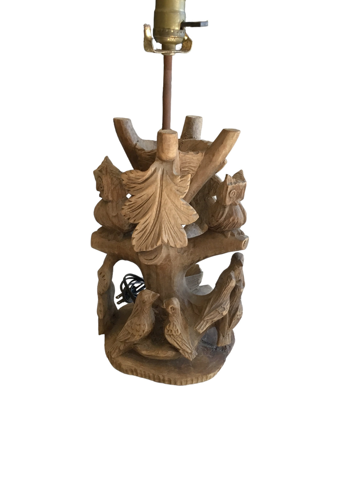 handcarved tree lamp with birds