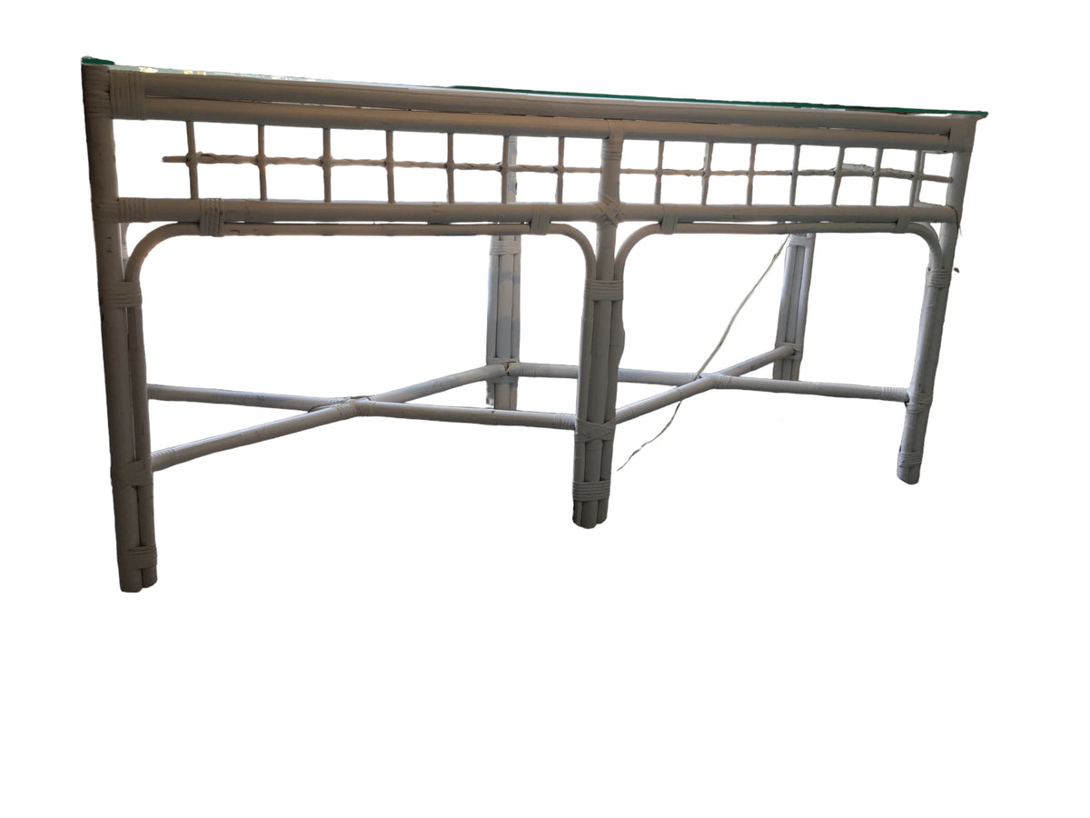 white vintage rattan console table