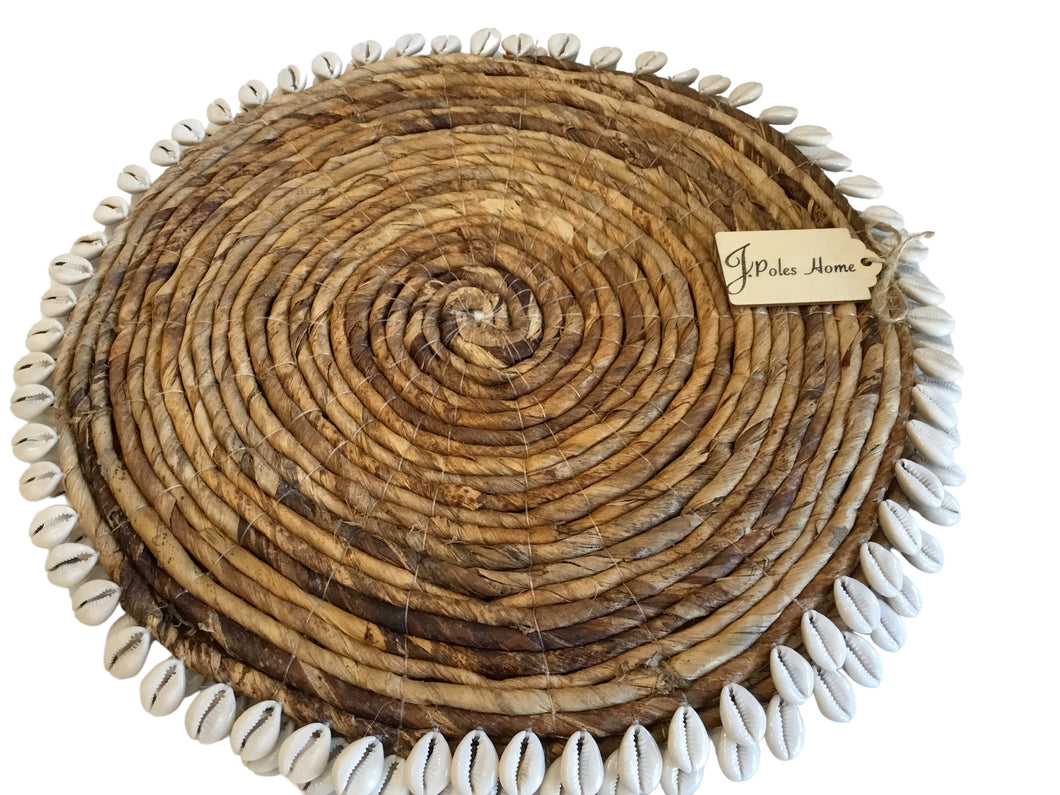 brown round woven placemats w/ shells set of 2