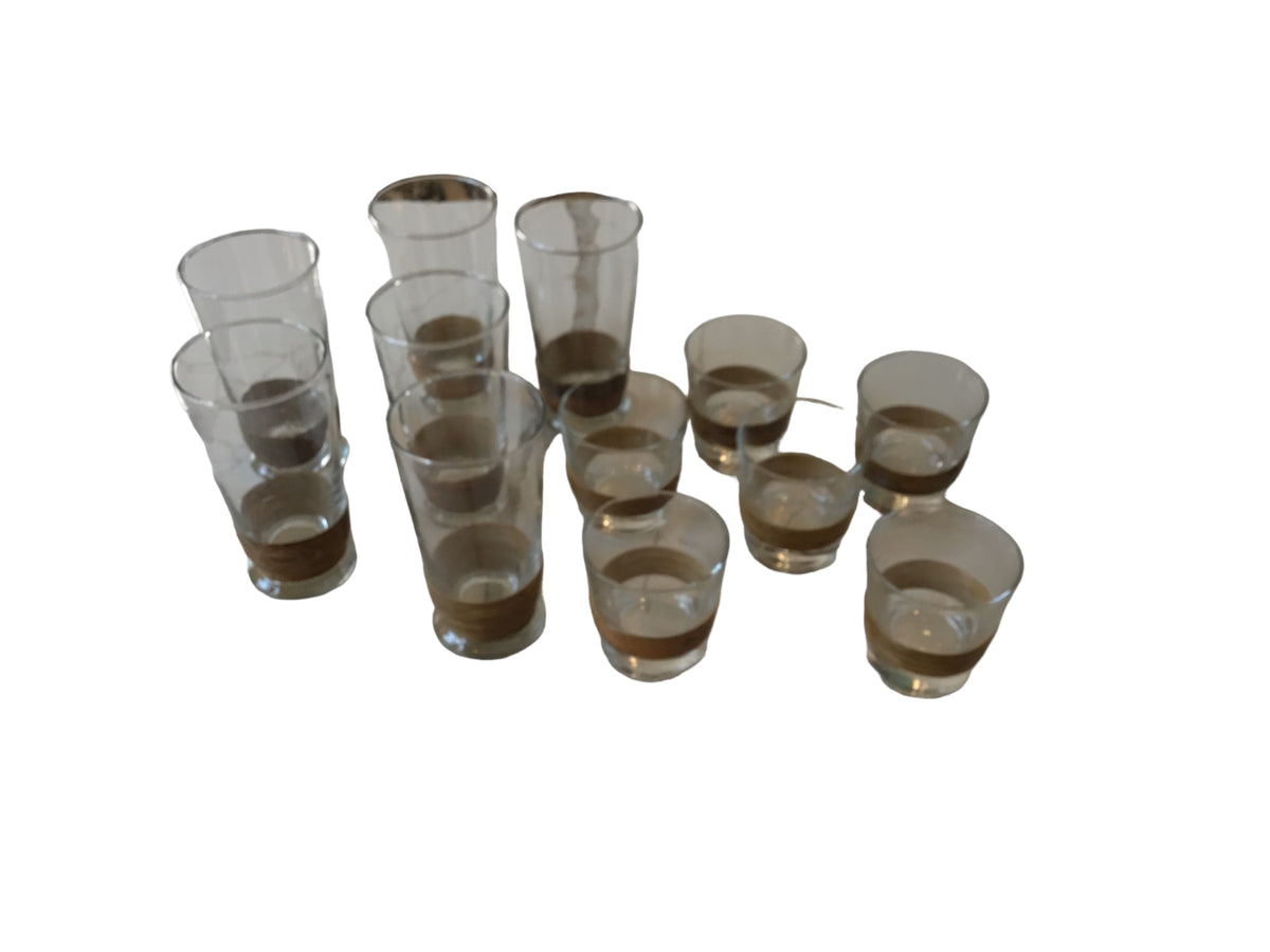 12 mid century rattan wrapped glasses