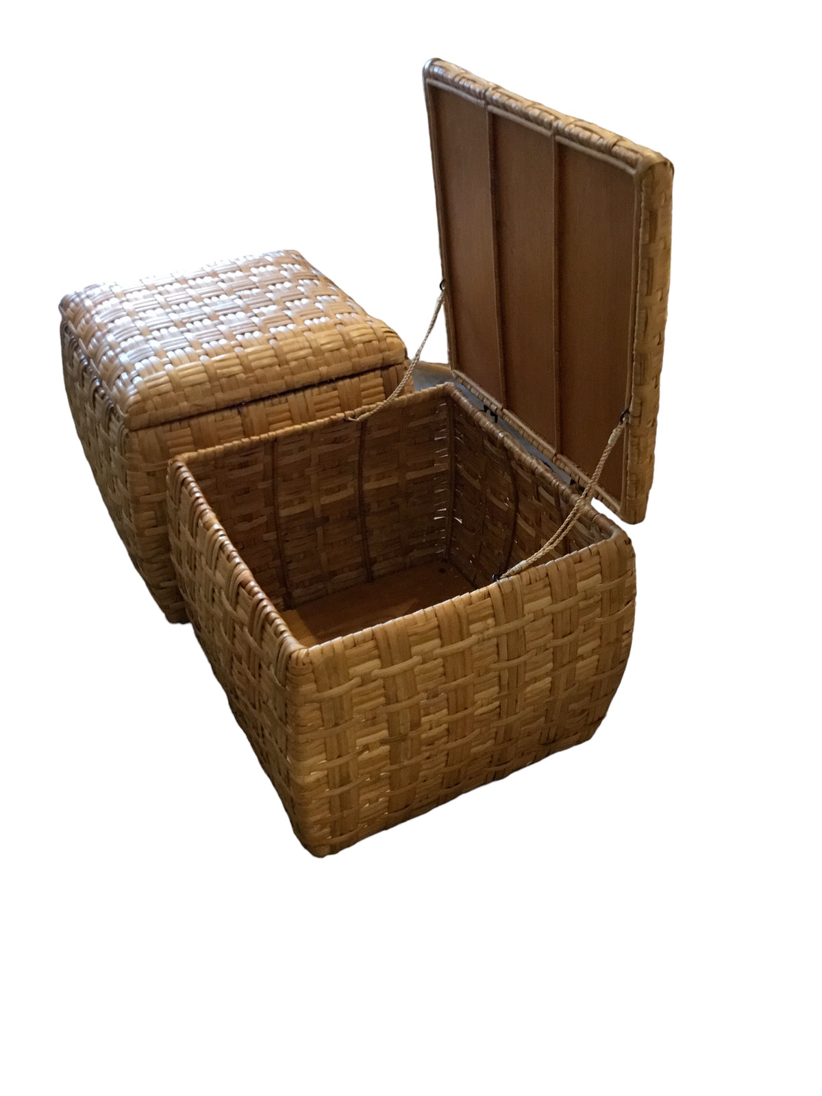 pair woven rattan ottomans with lid
