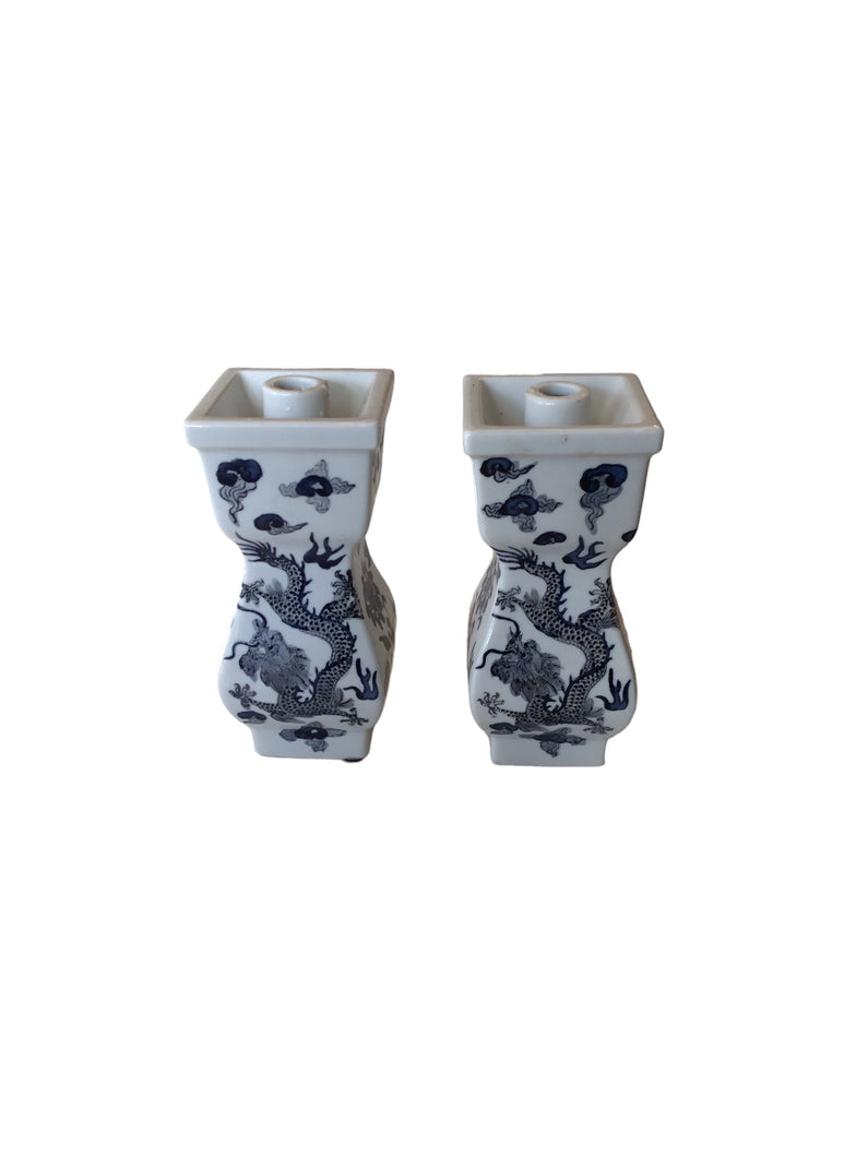 White Taper Holders w/ Blue Dragon - Pair