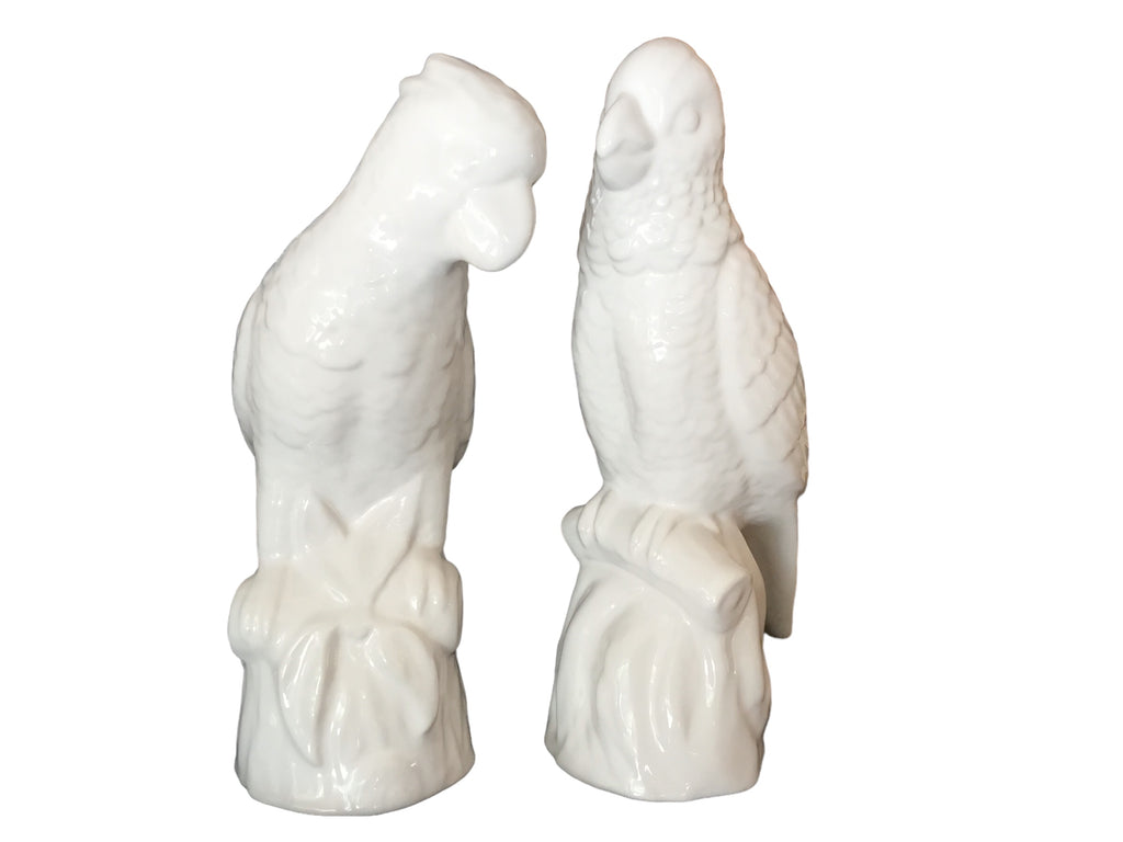 pair white ceramic parrots