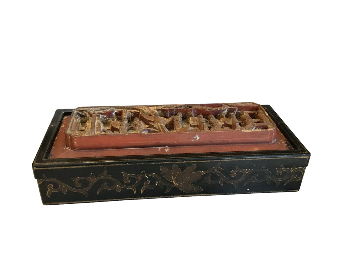 antique asian box with carve scene