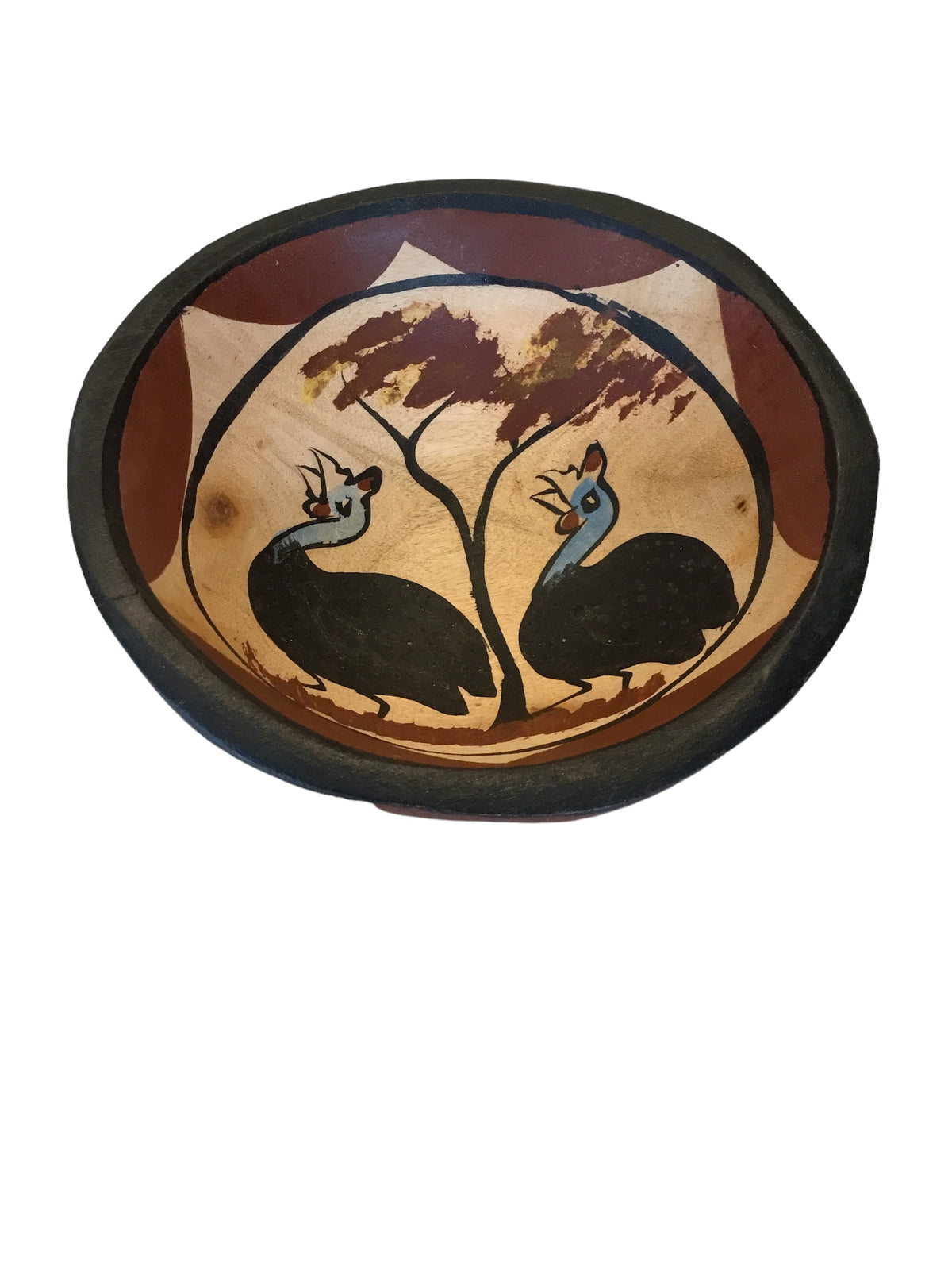 handpained guineafowl on wood bowl