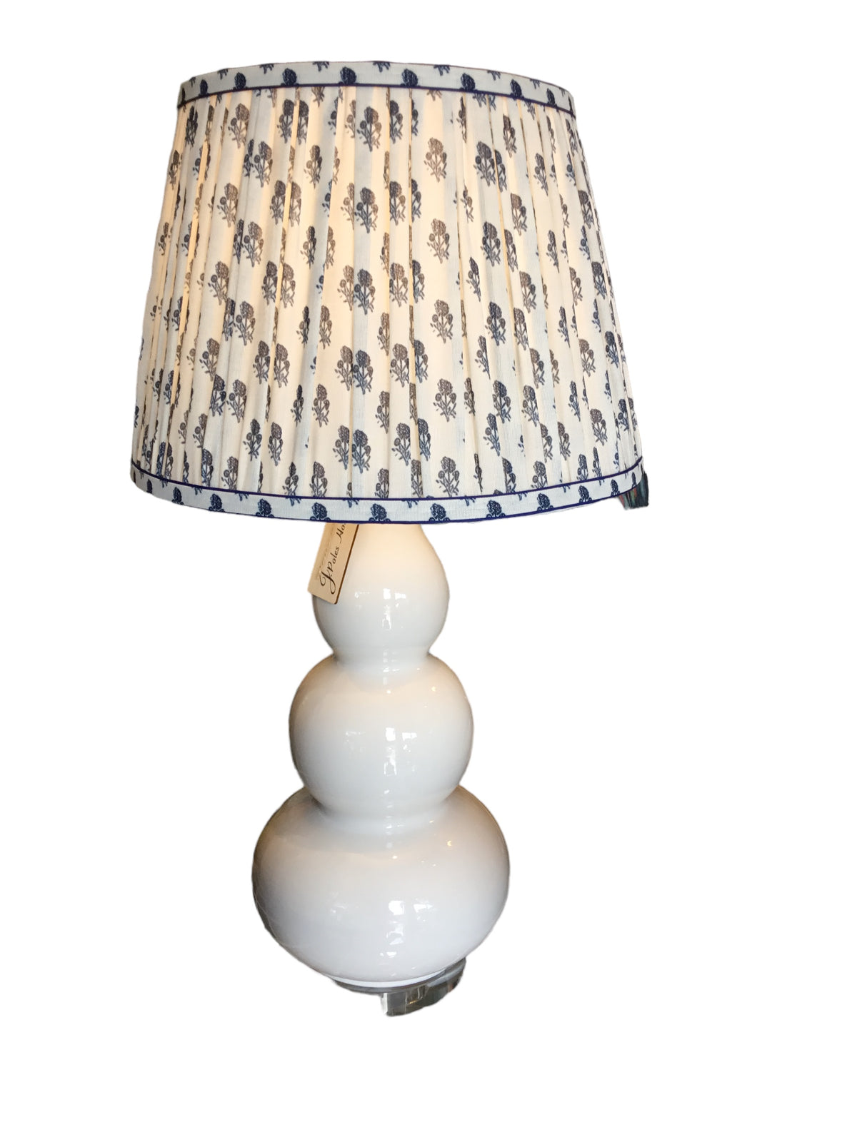 pair of white lamps with blue flower shade
