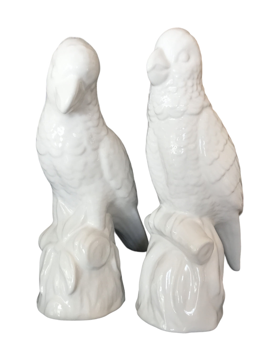 pair white ceramic parrots