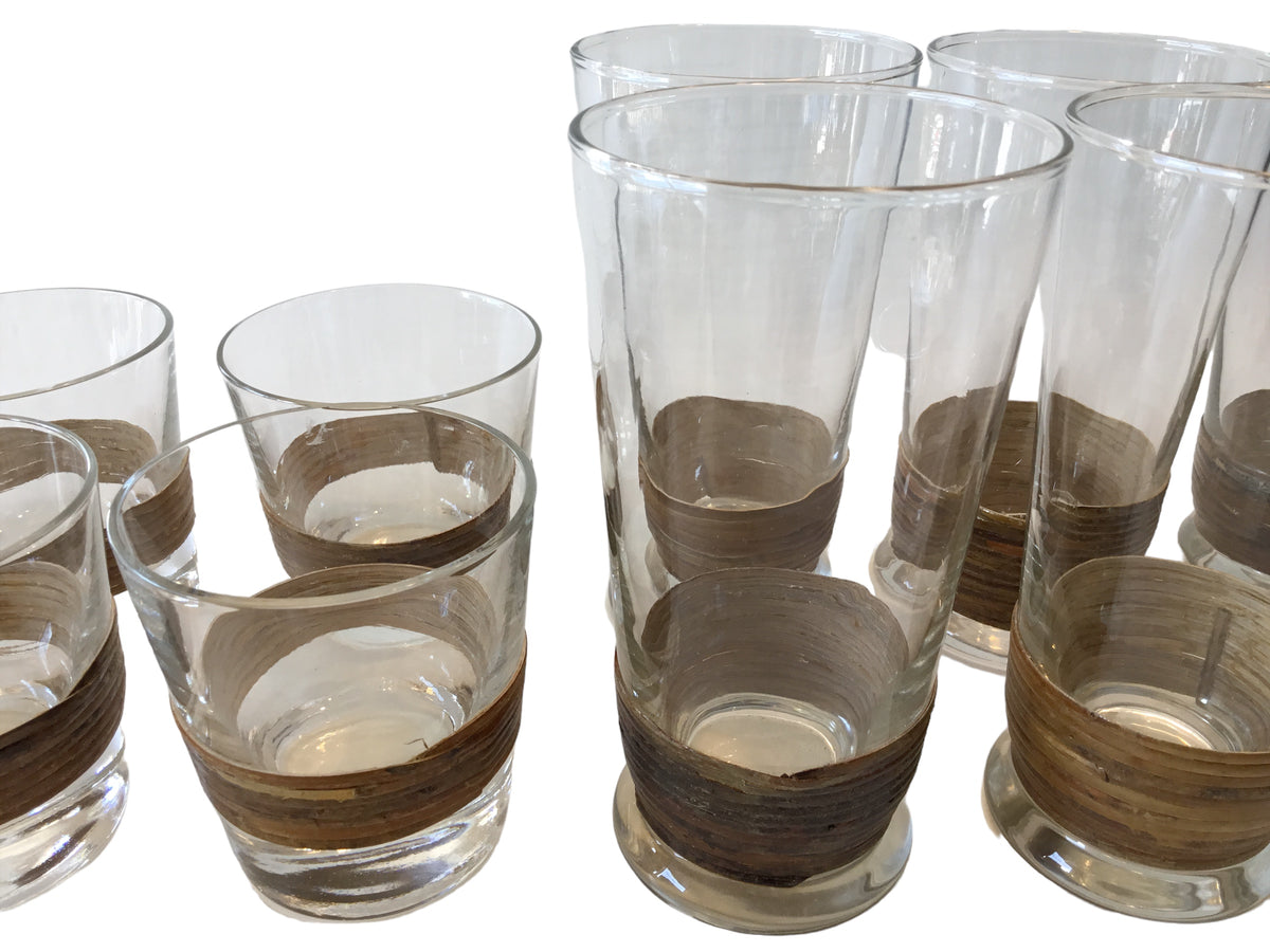 12 mid century rattan wrapped glasses