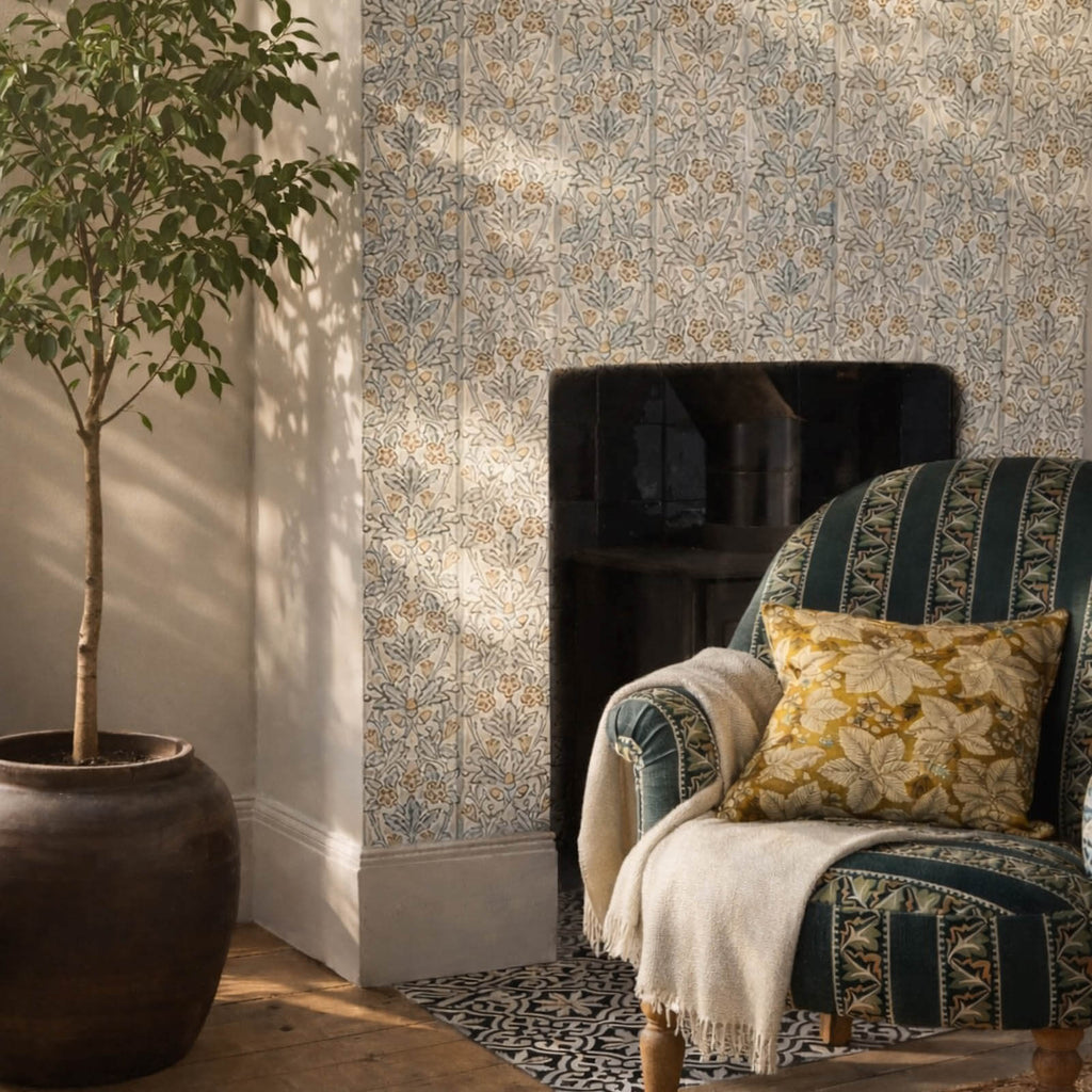 Oak & Blossom in Mineral Blue/Linen by Morris & Co.