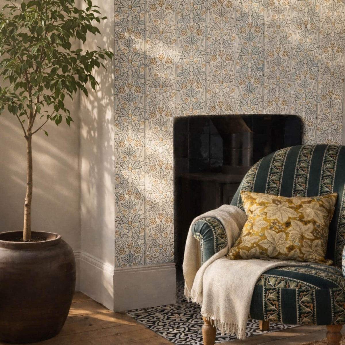 Oak & Blossom in Mineral Blue/Linen by Morris & Co.
