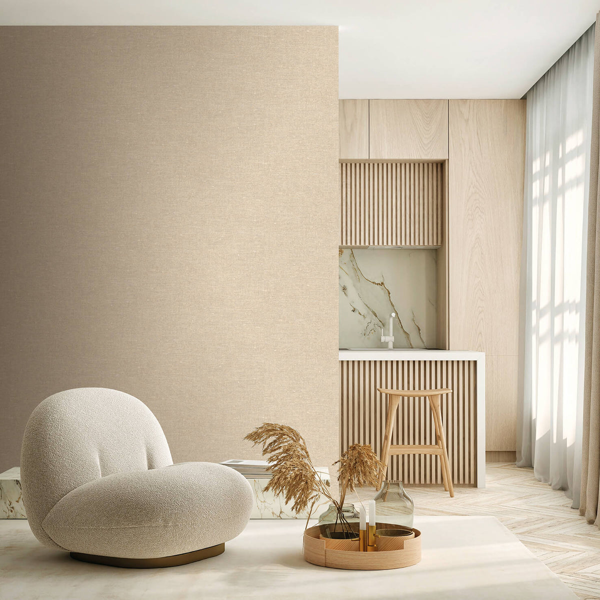 Faux Hemp Texture Wallpaper - Beige room view