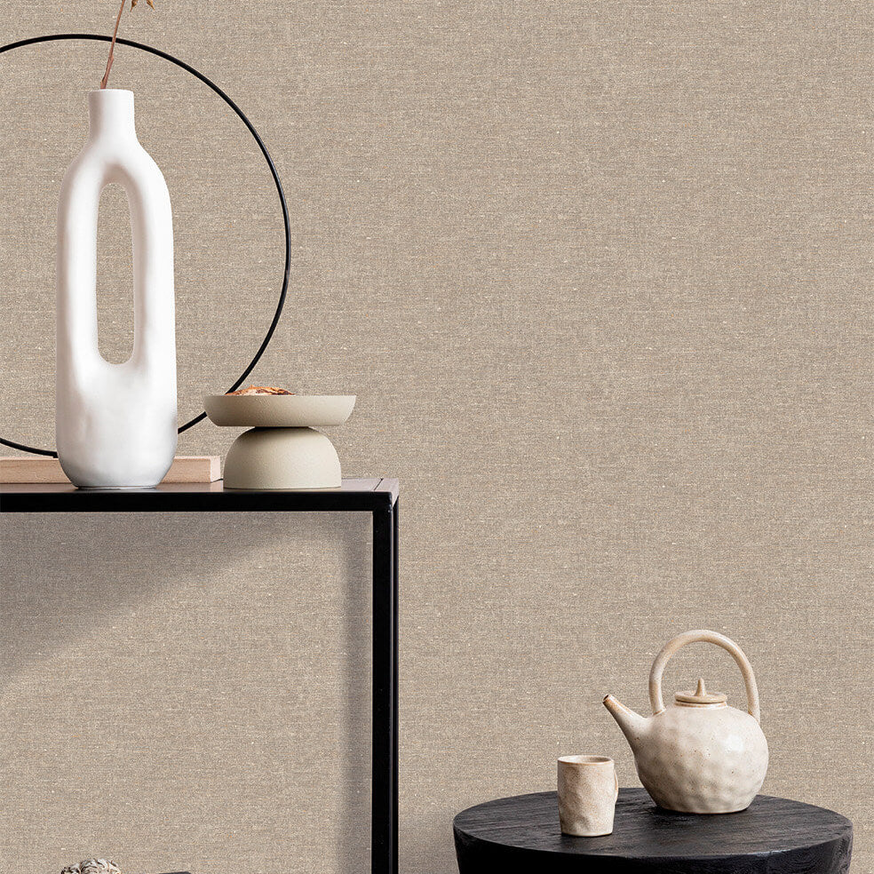 Faux Hemp Texture Wallpaper - Warm Grey room view