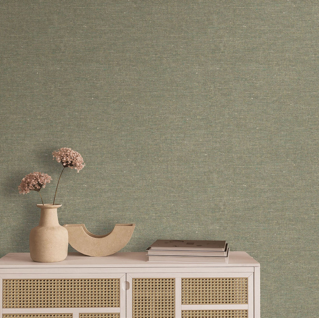 Faux Hemp Texture Wallpaper - Oil Green room view