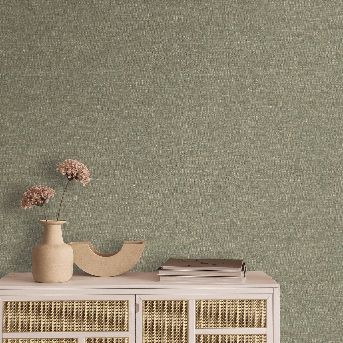 Faux Hemp Texture Wallpaper - Oil Green room view