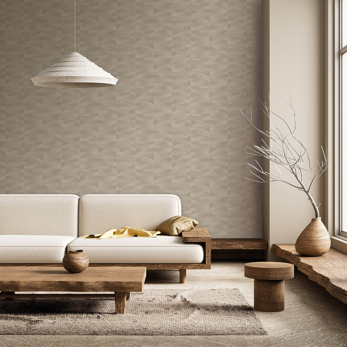 Terra Tide Geo Texture Wallpaper - Warm Grey room view
