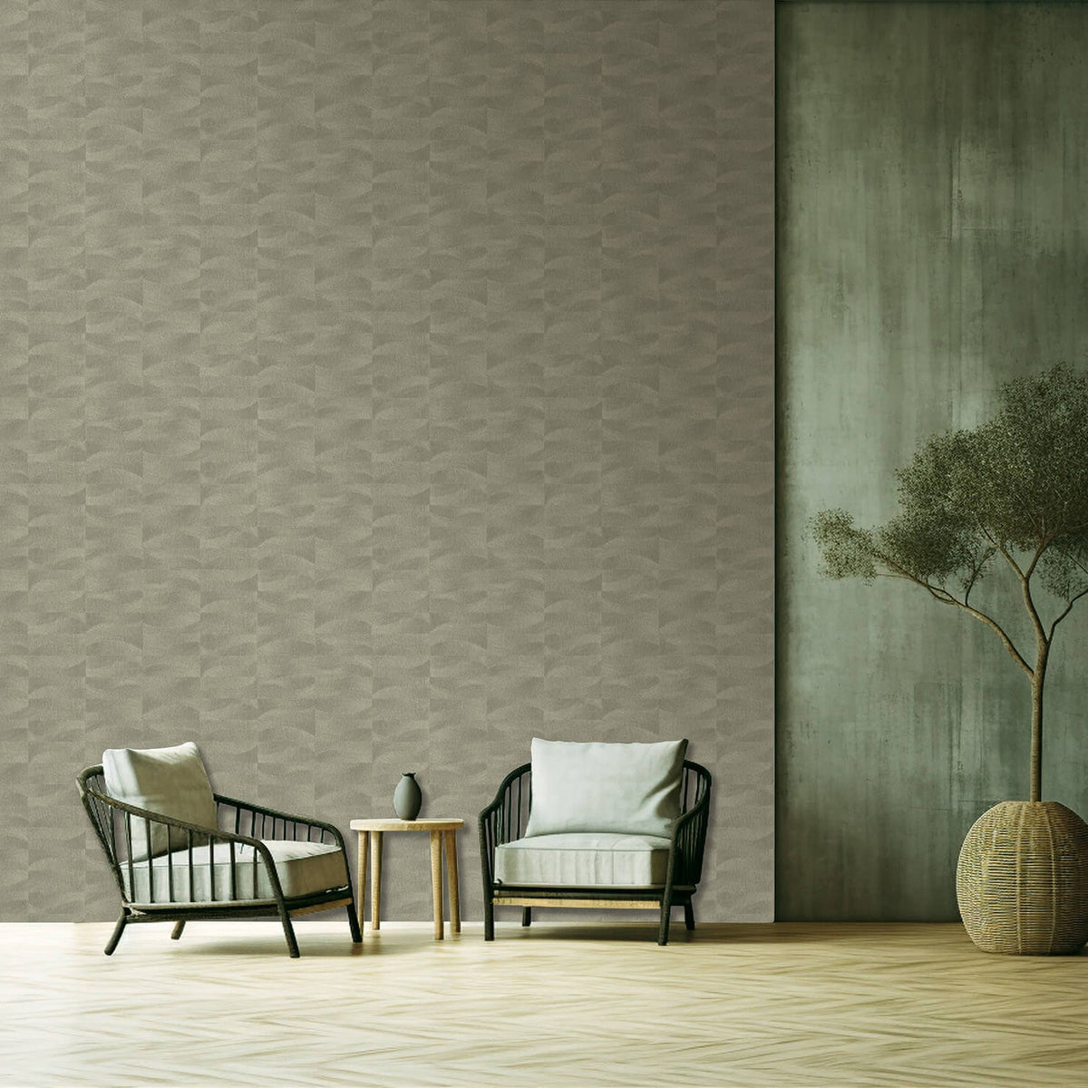 Terra Tide Geo Texture Wallpaper - Oil Green room view