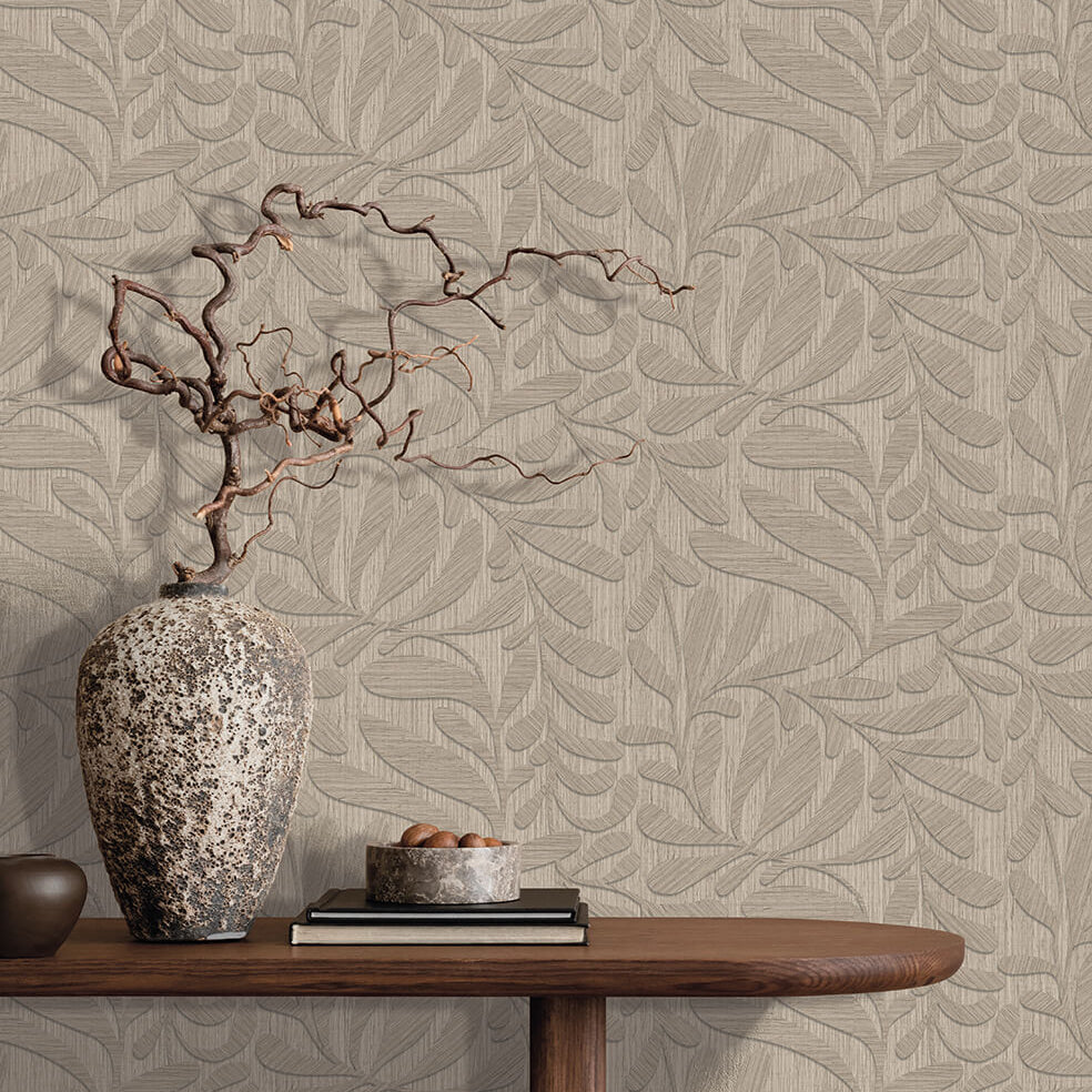 Carved Foliage Wallpaper - Warm Grey room view