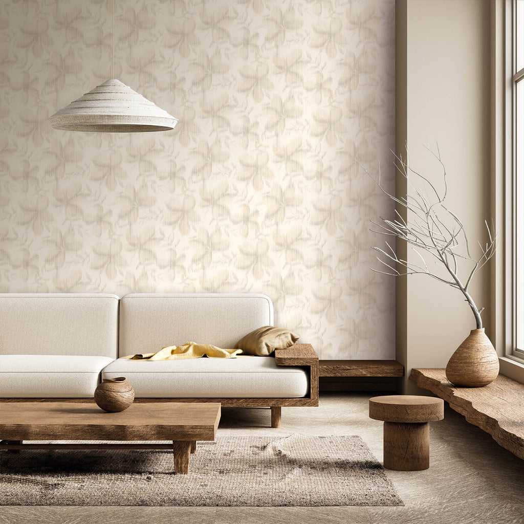 Vellum Leaf Wallpaper - Cream room view