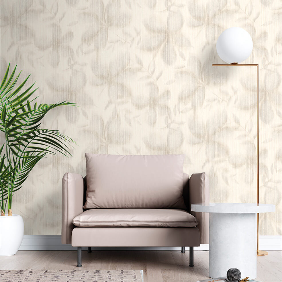 Vellum Leaf Wallpaper - Beige room view