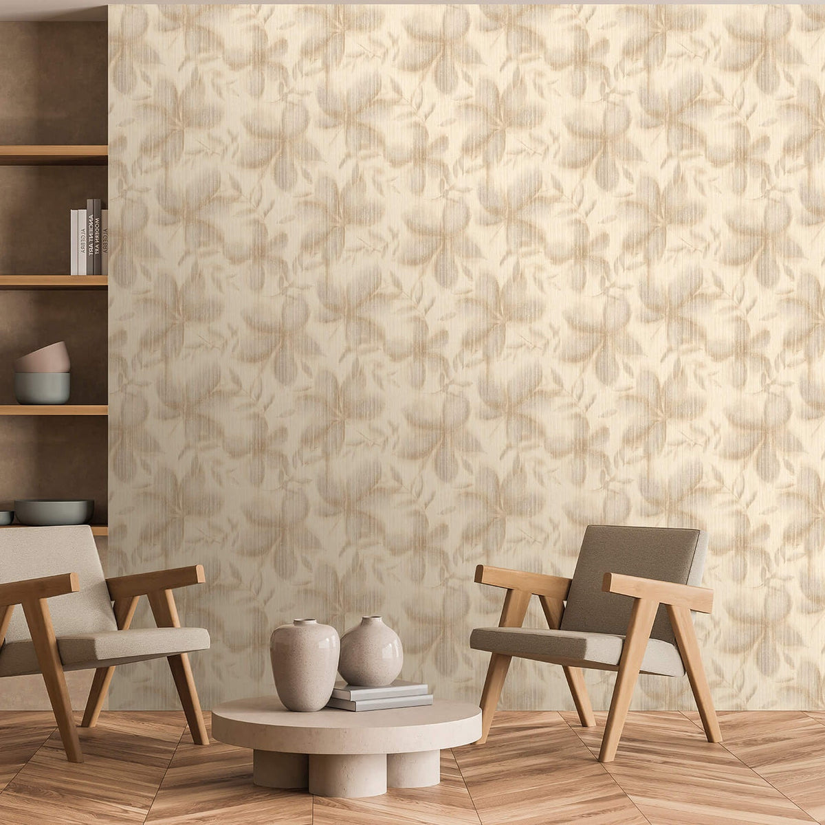 Vellum Leaf Wallpaper - Taupe room view
