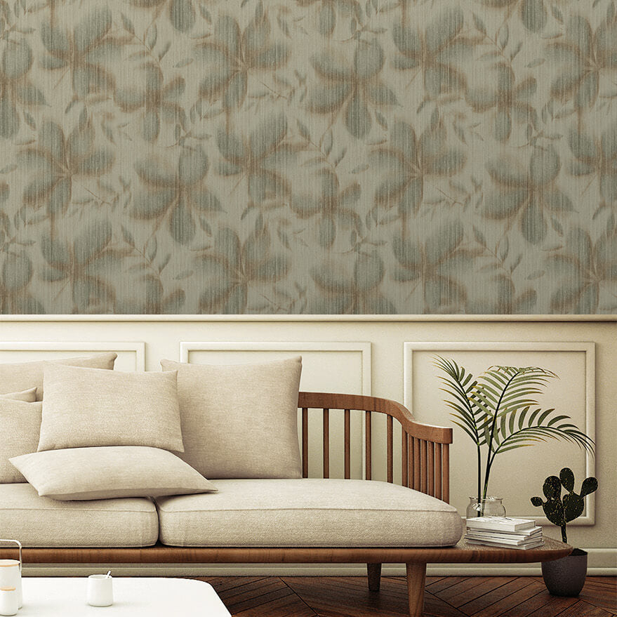 Vellum Leaf Wallpaper - Oil Green room view