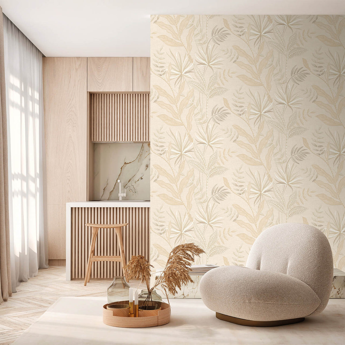 Stitched Savannah Wallpaper - Cream room view