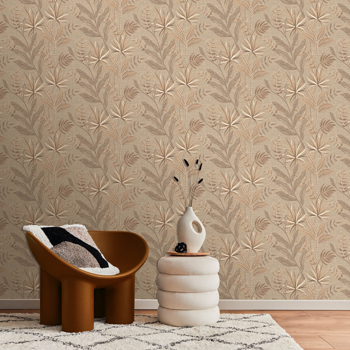 Stitched Savannah Wallpaper - Taupe room view