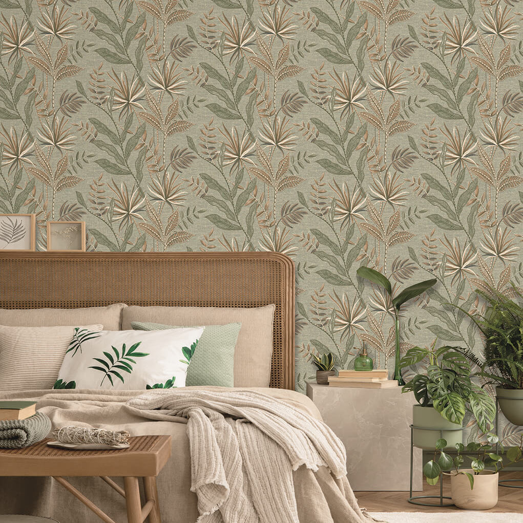 Stitched Savannah Wallpaper - Oil Green room view