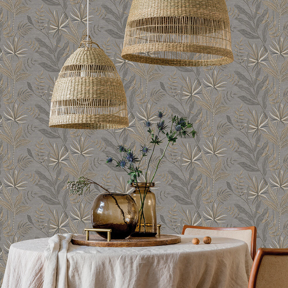 Stitched Savannah Wallpaper - Skyrocket Grey room view