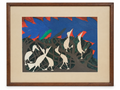 The Gathering painting by Christina Nichols in its brown frame on a white background
