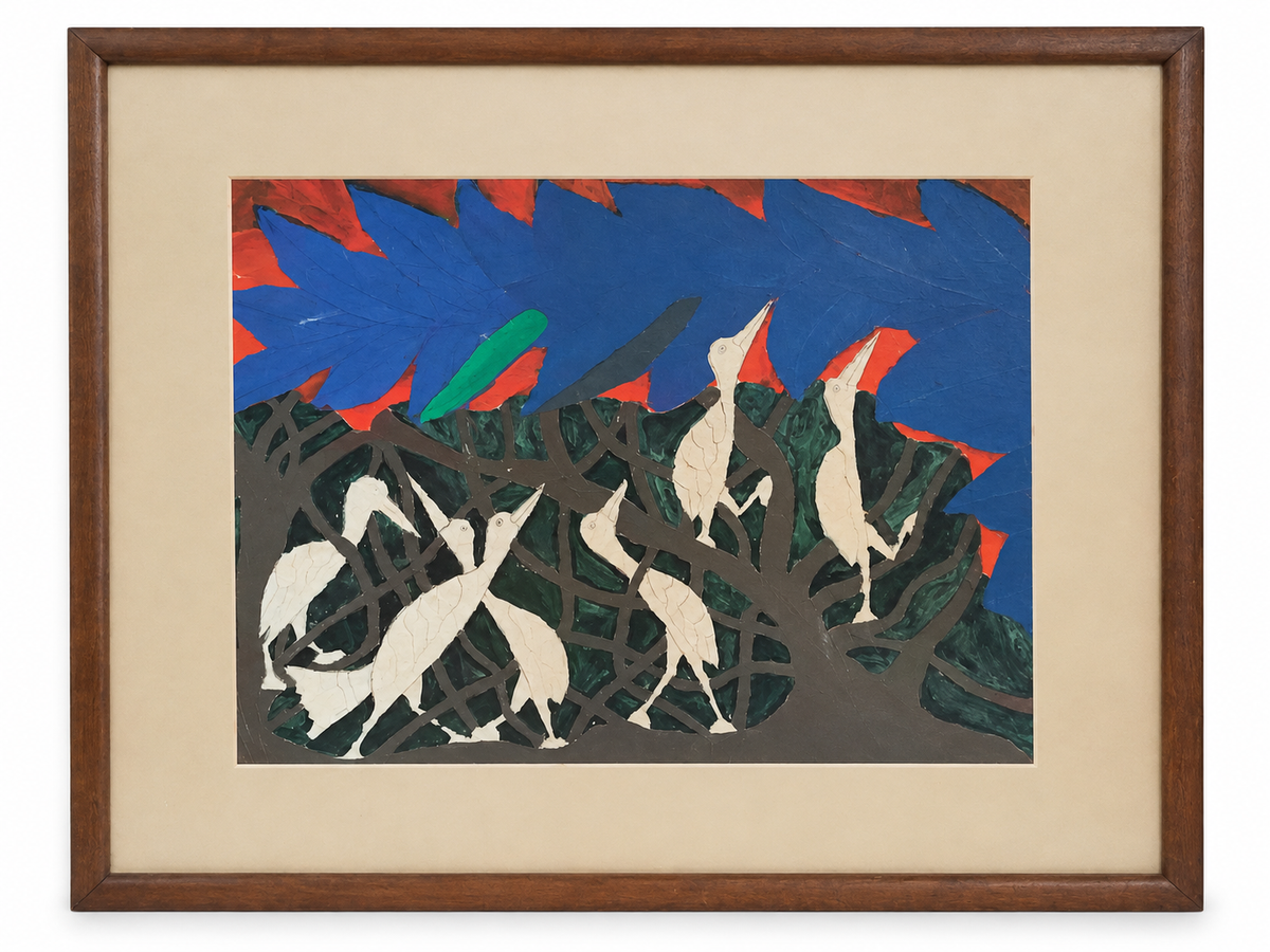 The Gathering painting by Christina Nichols in its brown frame on a white background