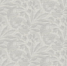 Load image into Gallery viewer, This modern botanical wallpaper brings subtle sophistication to your home. The grey linen-esque backdrop is overlaid with ...