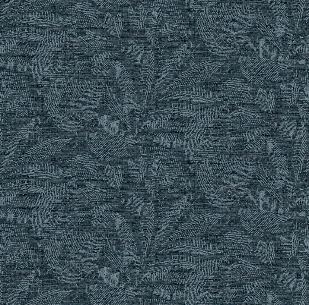 This modern botanical wallpaper is bursting with detail. Leaf imprints, composed of dozens of delicate light blue lines, o...