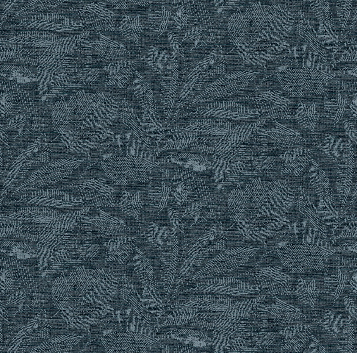 This modern botanical wallpaper is bursting with detail. Leaf imprints, composed of dozens of delicate light blue lines, o...