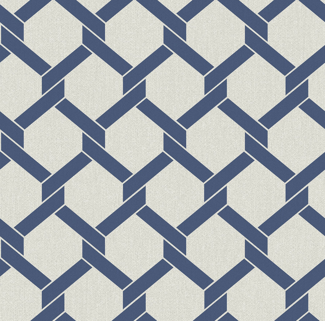 Enjoy a modern update to the classic trellis design with this wallpaper! Blue hexagon framing, with a sharp twist where ea...