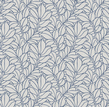 Load image into Gallery viewer, This leaf wallpaper is perfectly poised between elegant and playful. The plump, curling leaves are illustrated in bold blu...