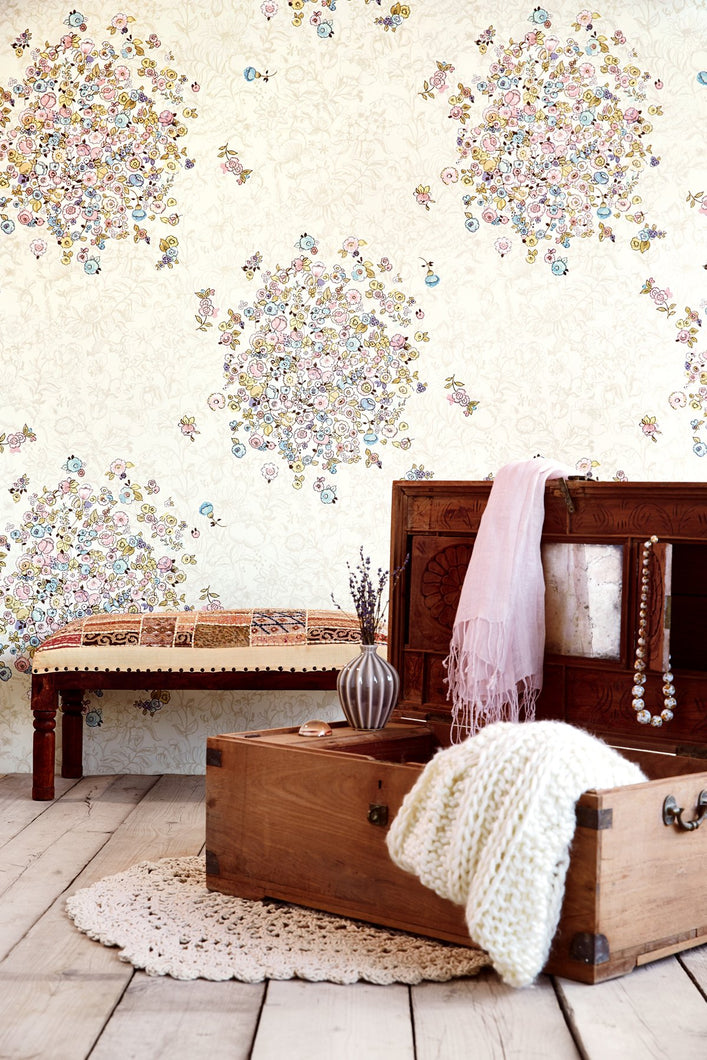Bouquets Cream Floral Polka Dot Mural