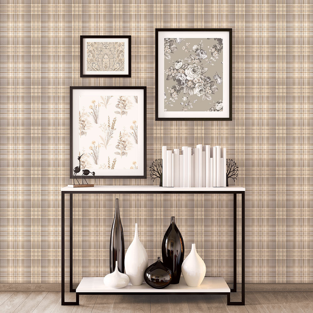 Check Plaid Wallpaper in Beige, Coffee & Grey