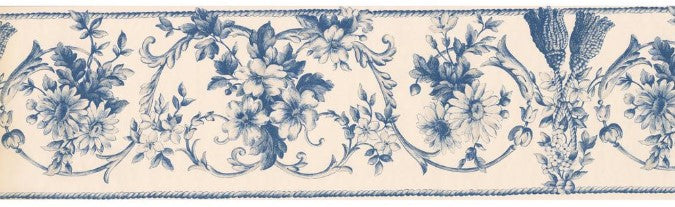 Creme Blue Damask Floral Prepasted Wallpaper Border 5806456